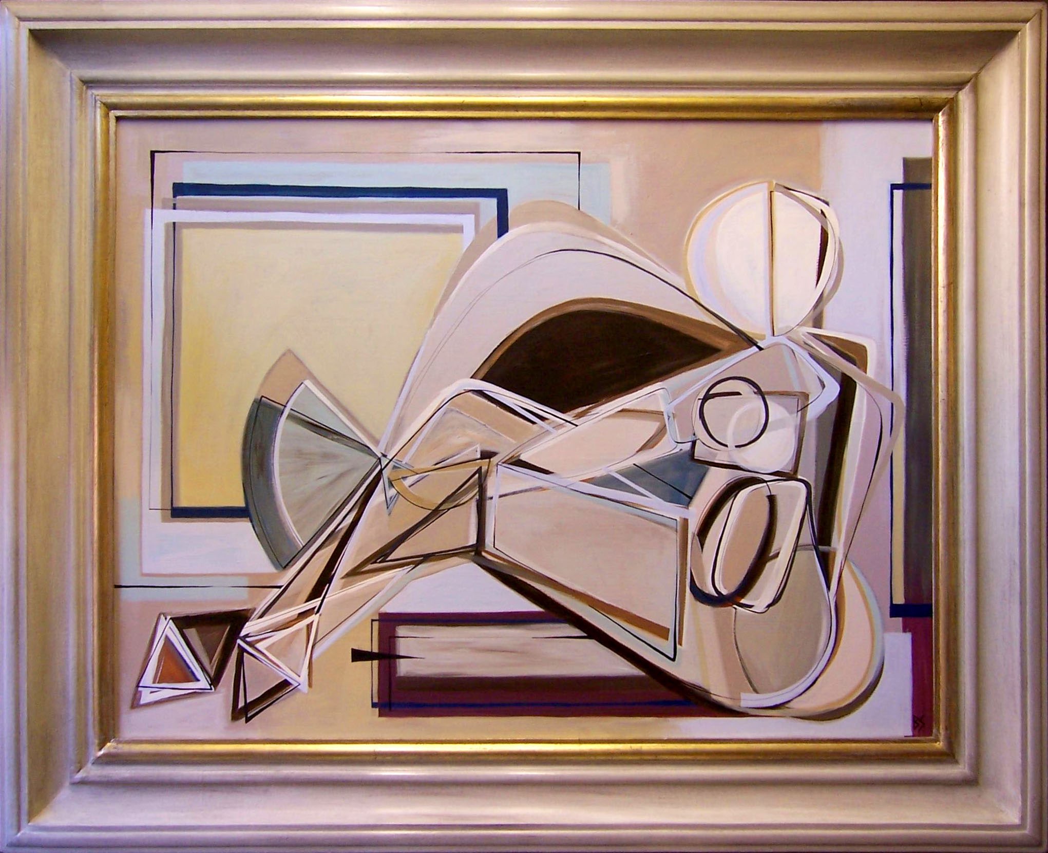 'Blue Nude with Fan' Oil and Acrylic on Board in Cream and Gold Frame