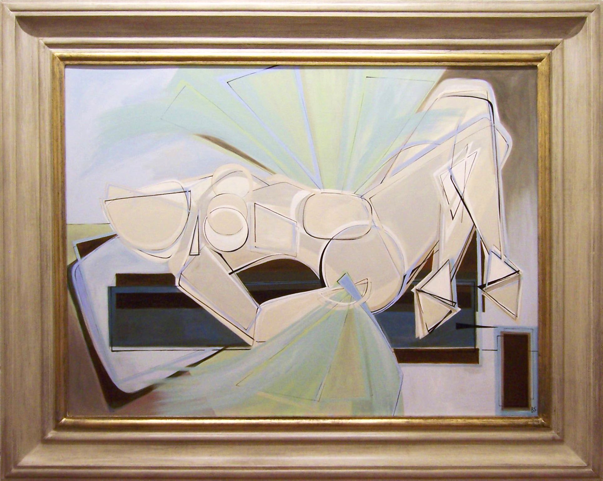 'Reclining Showgirl with Feather Fans' Oil and Acrylic on Board in Modern Cream & Gilt Frame