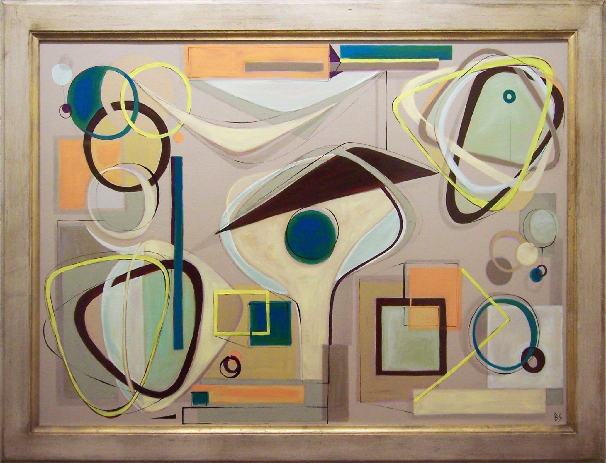 'Organic Abstract in Blue, Green & Yellow' Oil & Acrylic on Board in Cream & Gilt Frame