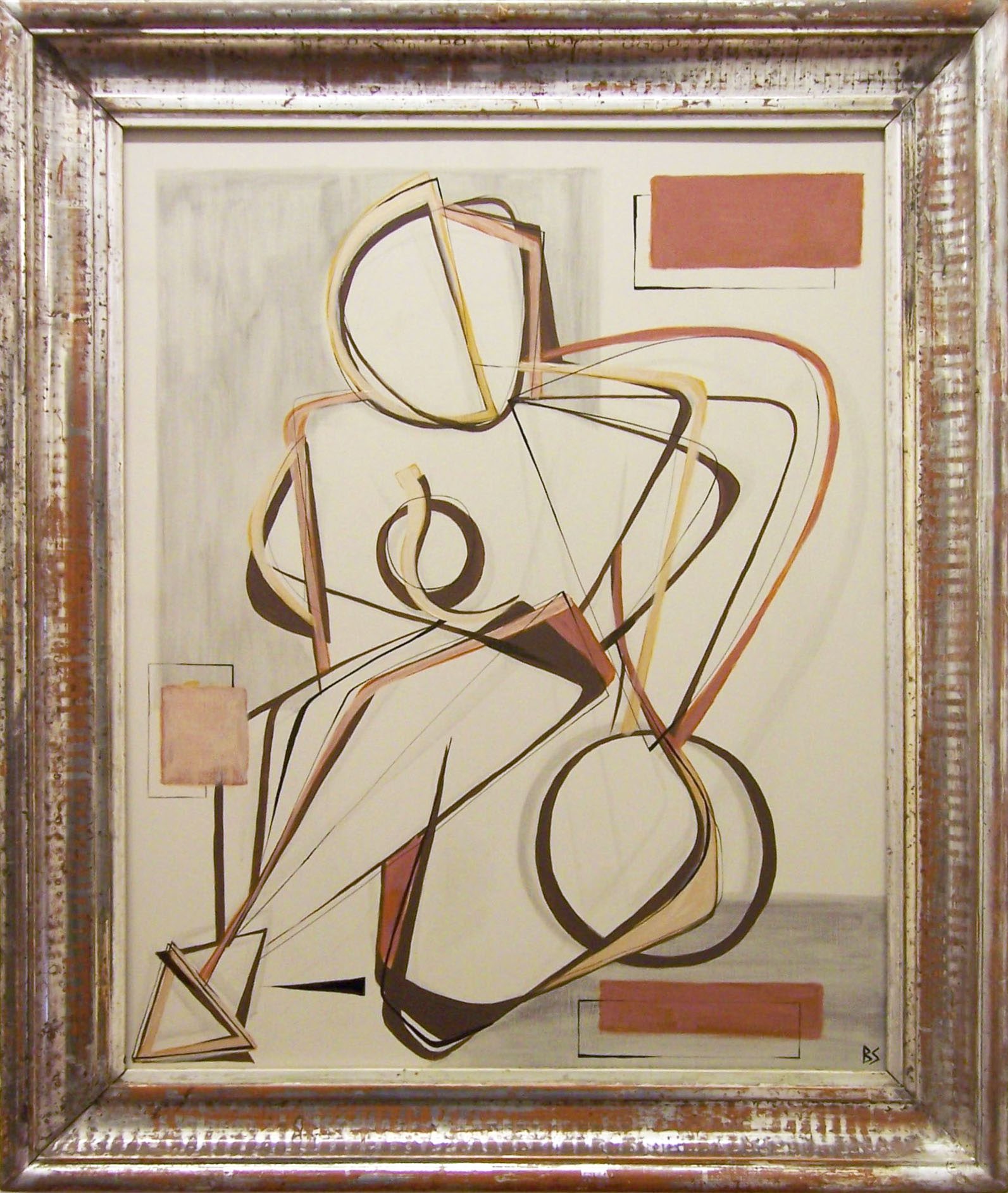 'Man Ray Figure in Brown' Left Study of PAIR Gouache on Board in Antique Silver Water Gilt Frame