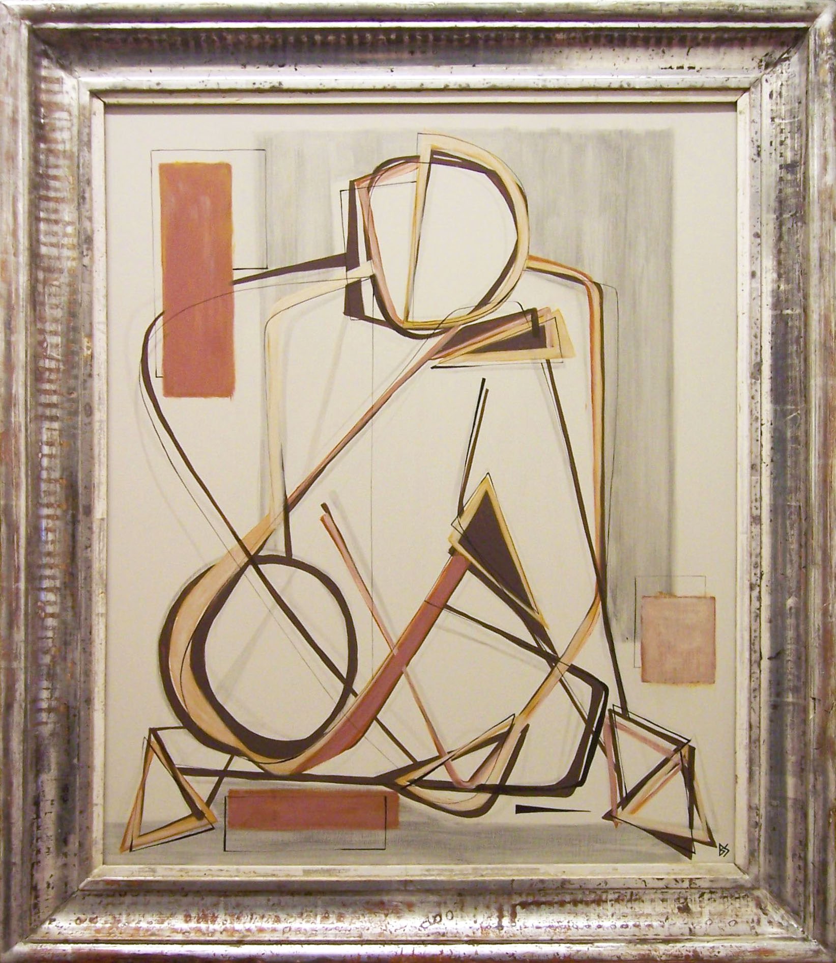 'Man Ray Figure in Brown' Right Study of PAIR Gouache on Board in Antique Silver Water Gilt Frame