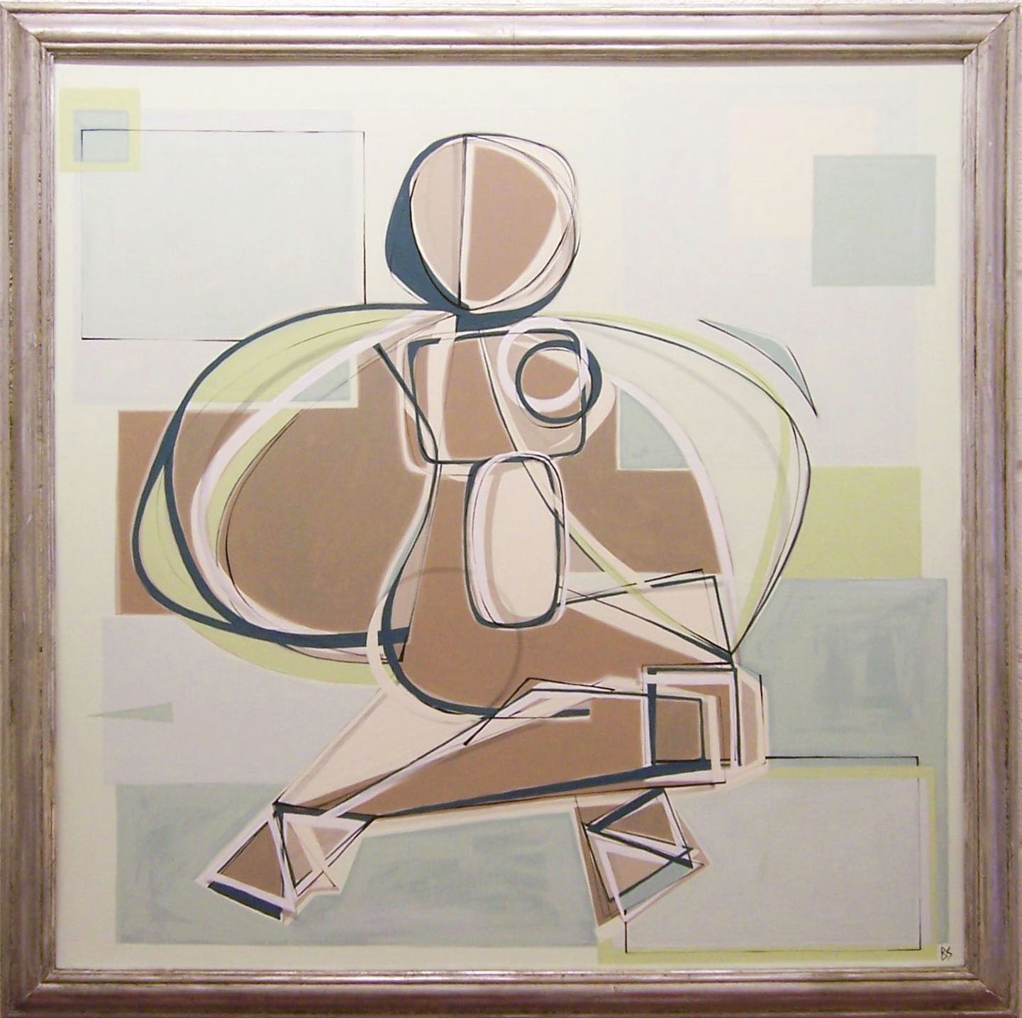 'Seated Woman in Teal Blue' Gouache on Board in Antique Silvered Frame Behind Glass