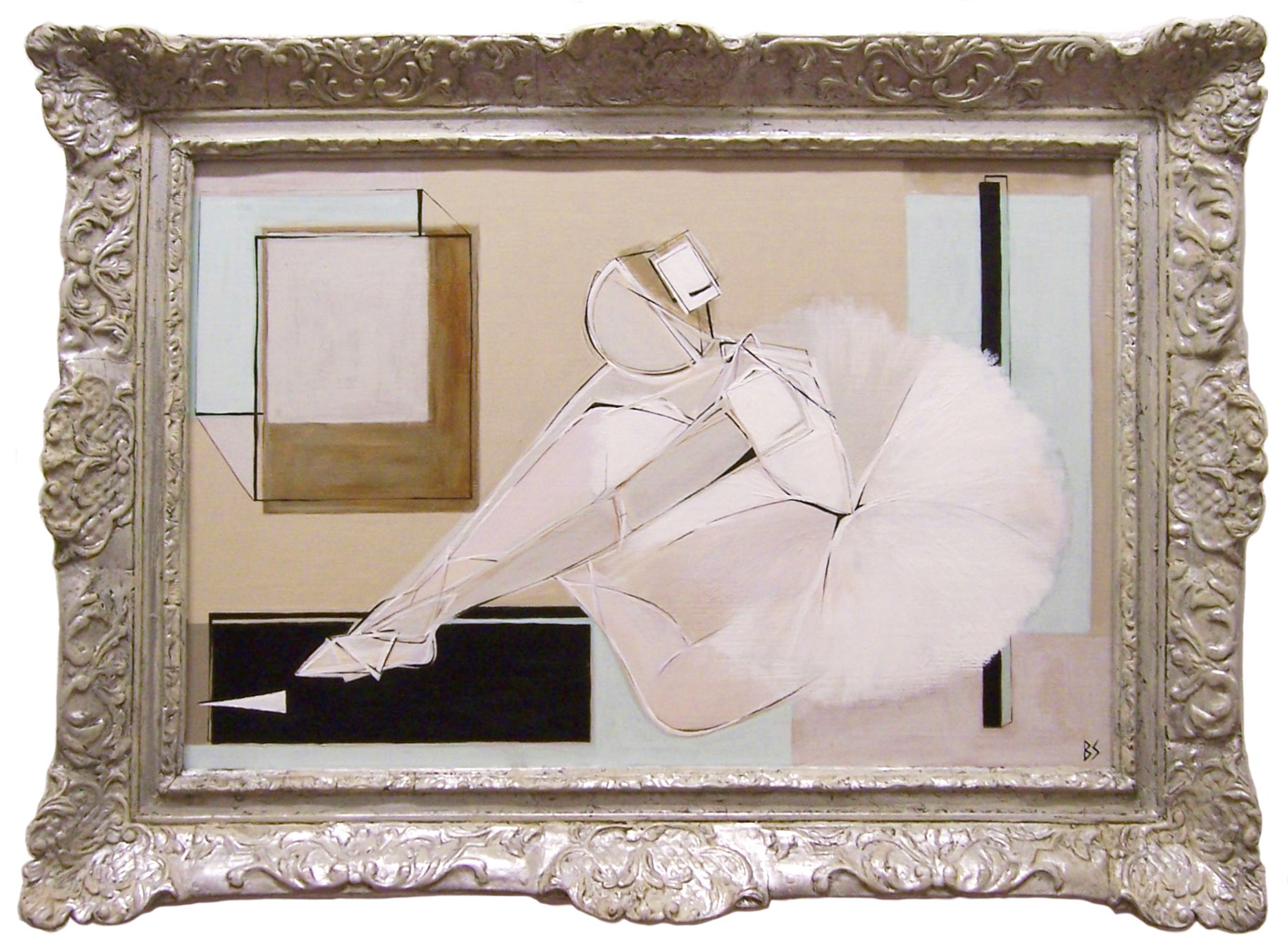 'Lacing Slipper' Gouache on Board in Antique Carved Silvered Frame