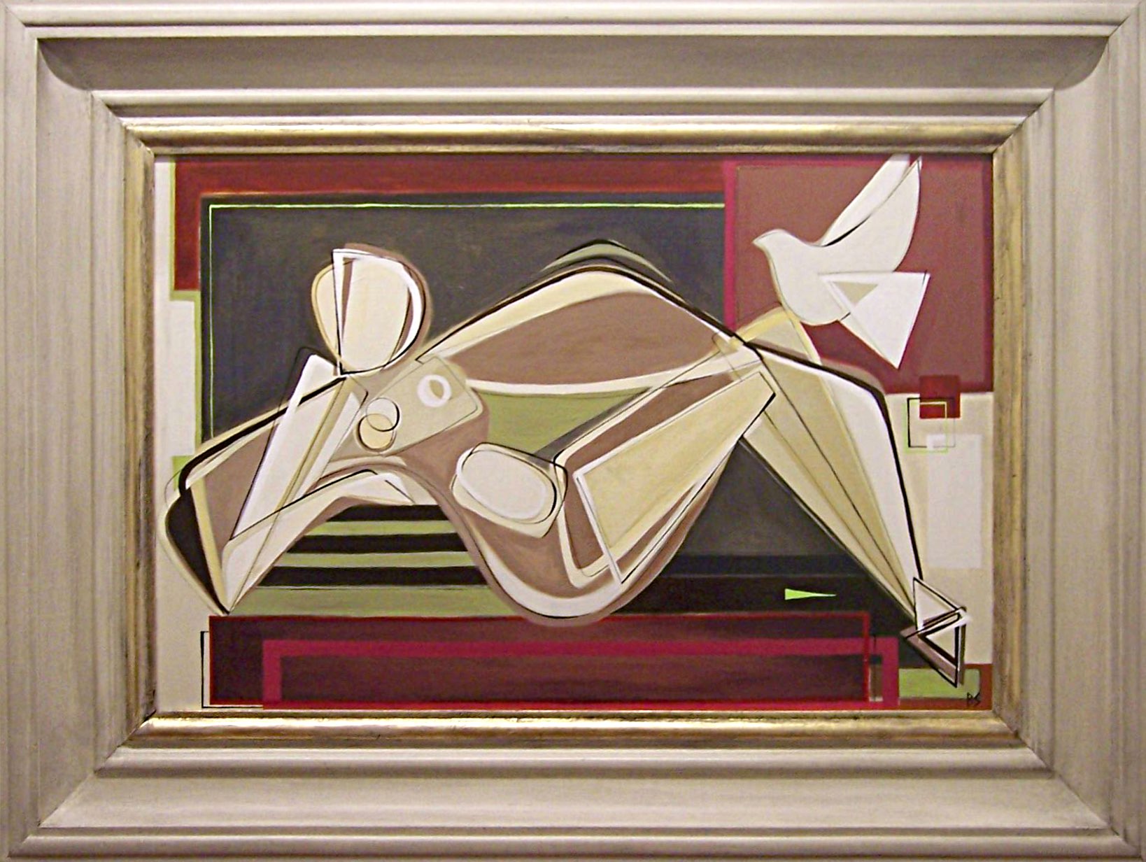 'Peaceful in the Park' Oil & Acrylic on Board in Cream & Gilt Modern FrameModern