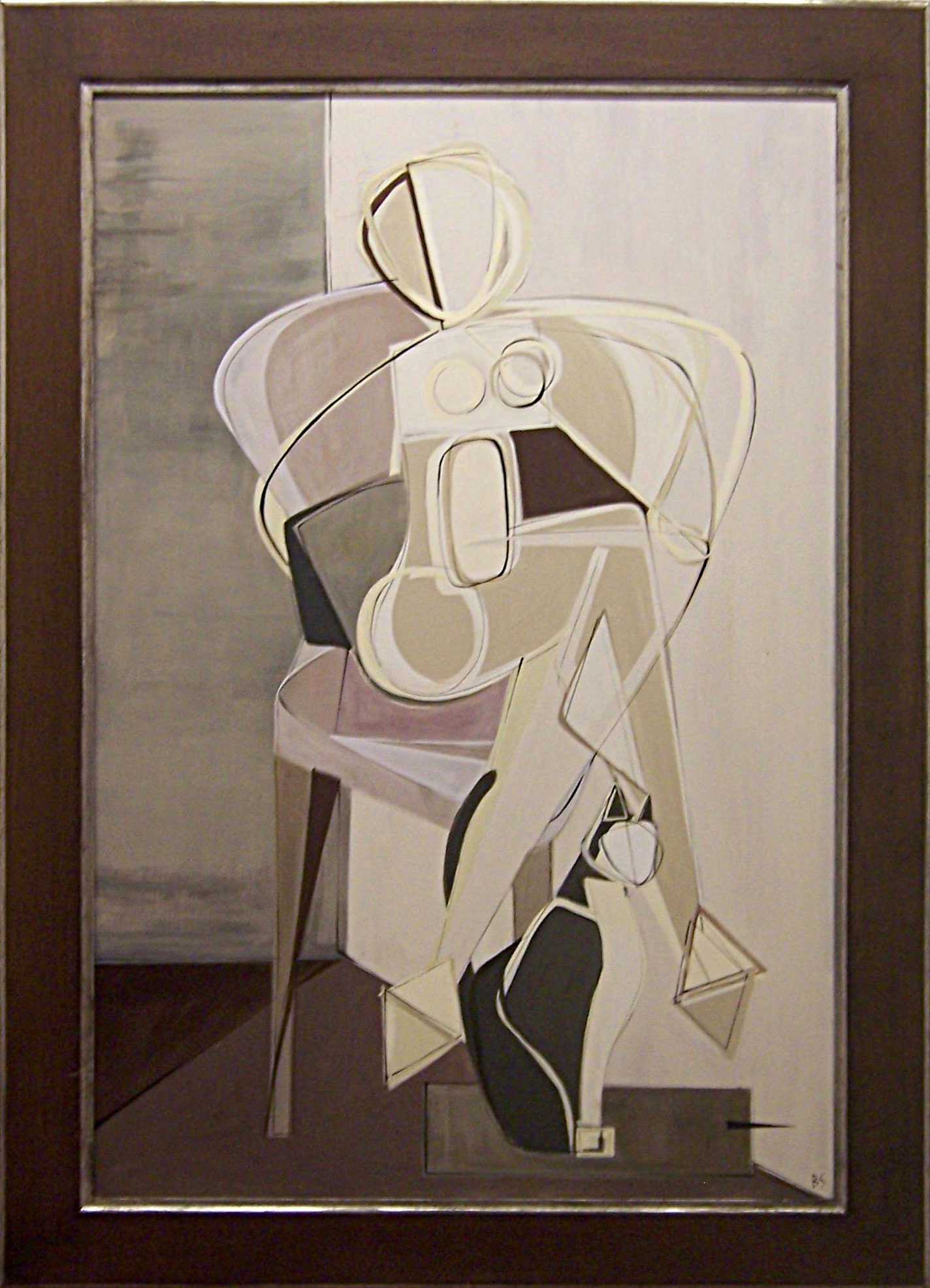 'Rupert with Seated Brunette' Right Study Gouache on Board in Modern Frame Bronze/Silver Finish