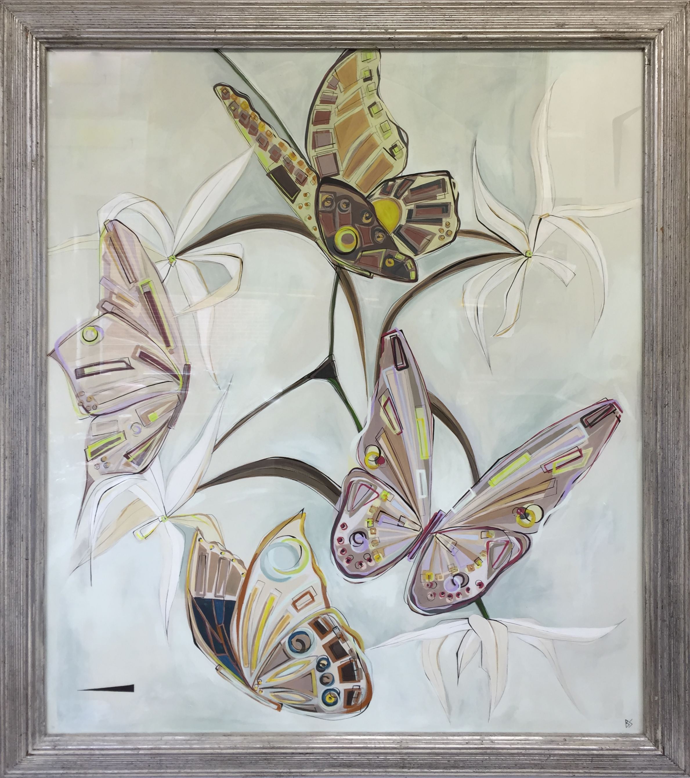 'Orchid Butterflies' Gouache behind Glass in Wooden Carved Fluted Silver Leaf with Light Bronze Finish Frame