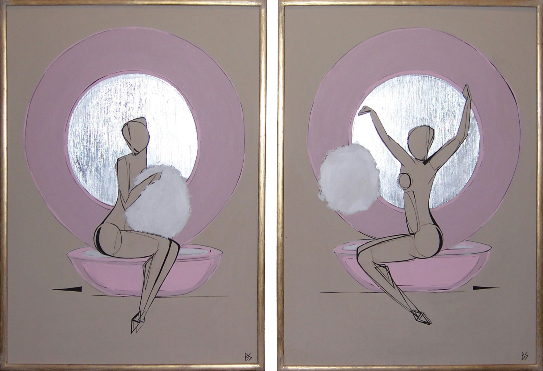 PAIR 'Powderpuff Girl' Left & Right Study Gouache & Silver Leaf on Board in Silver Gilt Frame