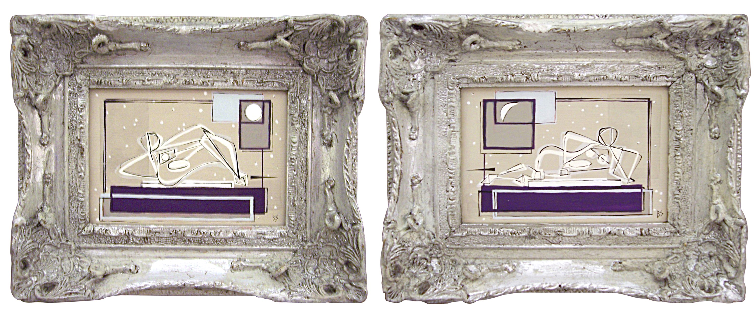 PAIR 'Nude in Midnight Snowglobe' Left & Right Study, Gouache & Silver Leaf on Board in Silver Gilt Frames