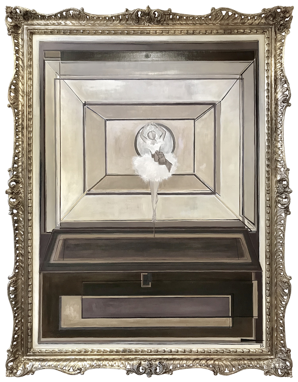 'Jewellery Box Ballerina' Oil, Acrylic & Silver Leaf on Board in Antique Gold Frame