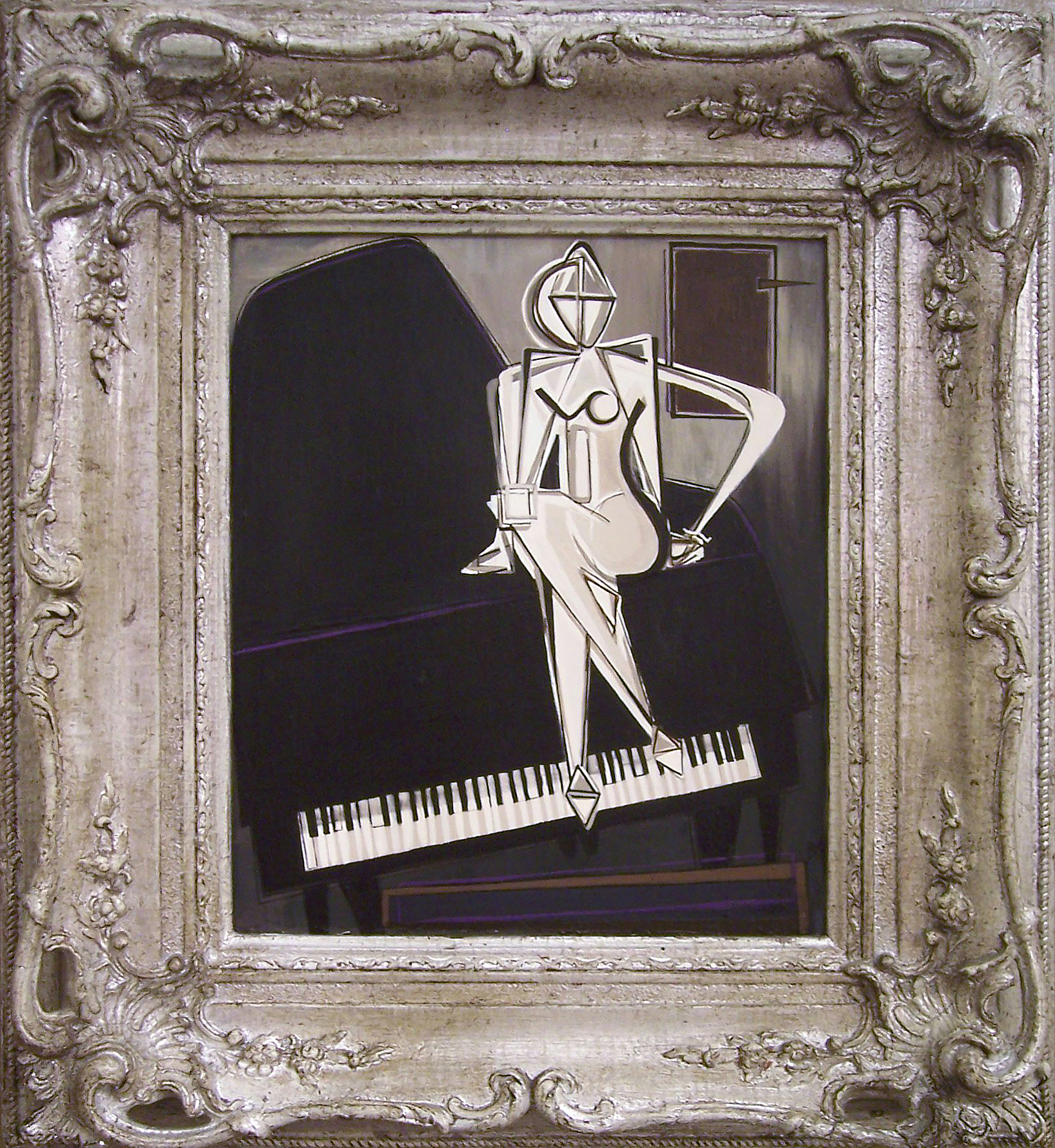 'Sitting Pretty on Piano' Oil & Acrylic on Board in Antique Ornate Silver Frame