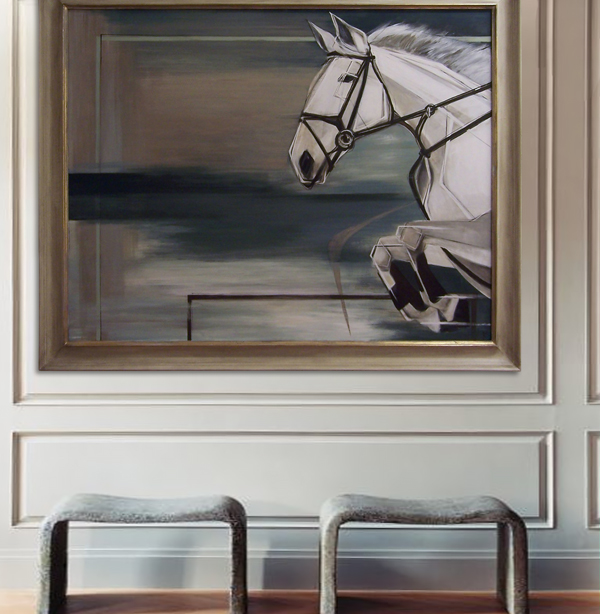 'The Racing Grey' Oil & Acrylic on Board in Modern Cream & Gold Frame