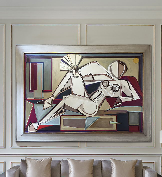 'Reclining Nude under Sun with Fan & Ladybird' Oil & Acrylic on Board in 1960s Cream & Gold Frame