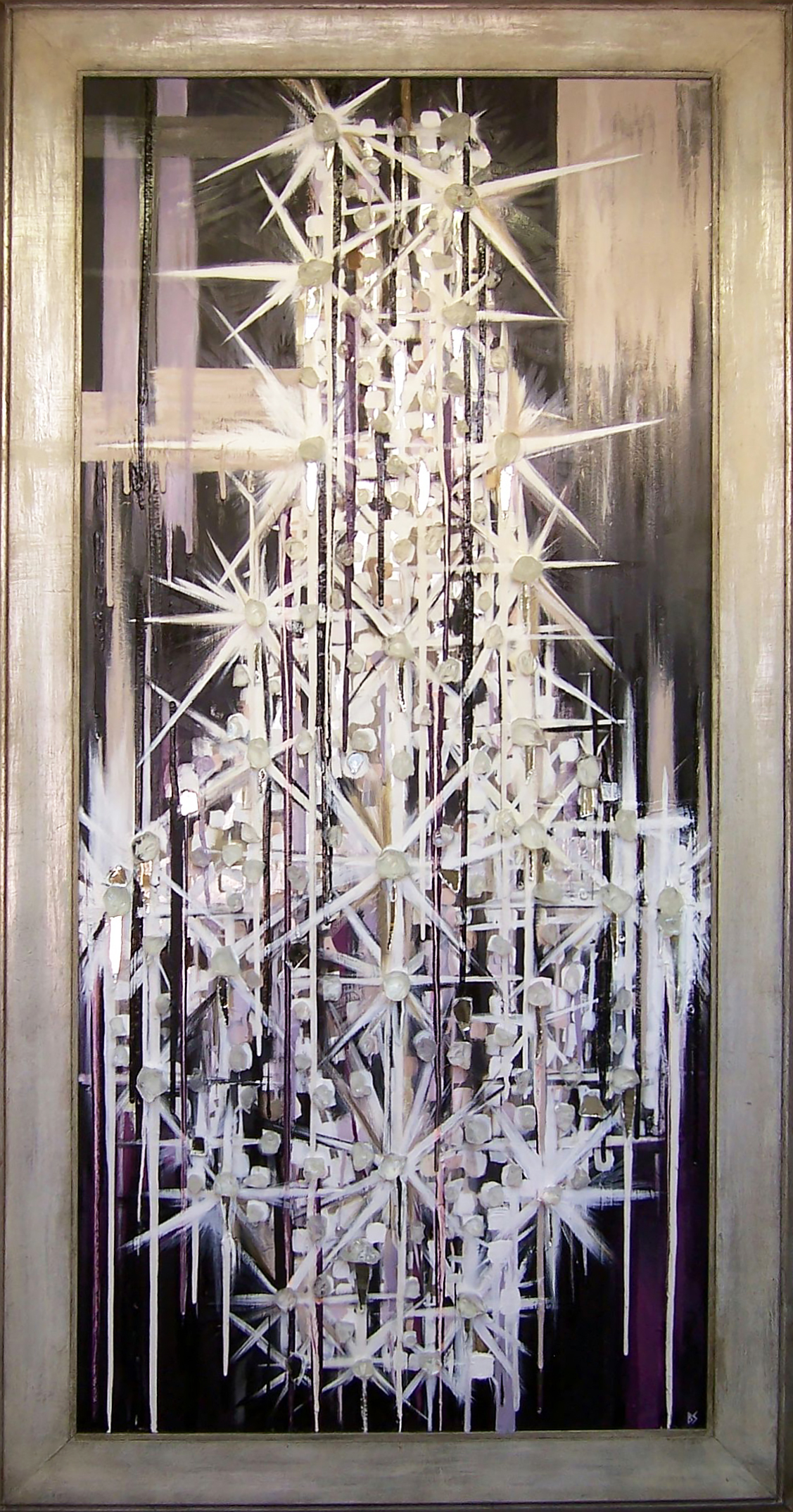 'Marilyn's Chandelier' Oil, Acrylic, Silver Leaf, Mirror & Rock Crystal on Board in Silver Leaf Modern Frame