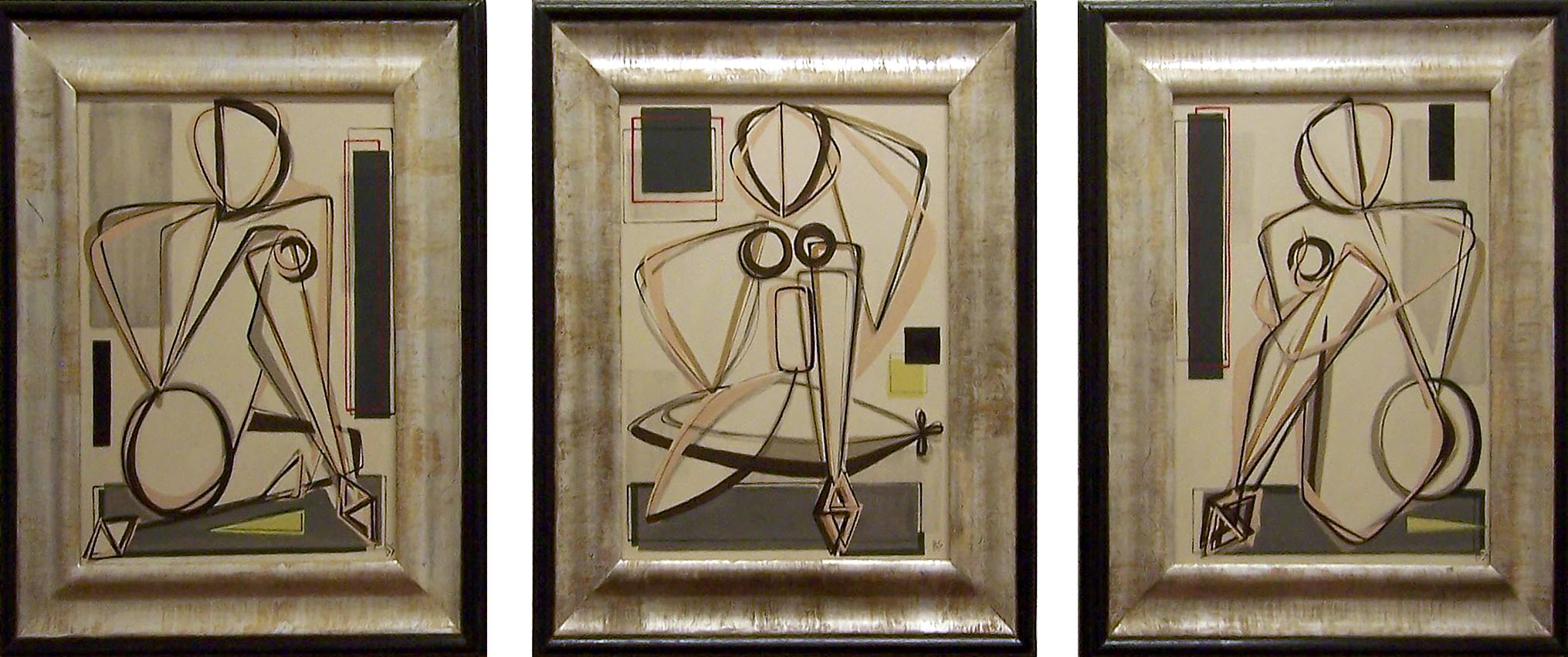 Triptych 'Three Graces' Oil & Acrylic on Board in Silver Gilt & Black Lacquer Modern Frames