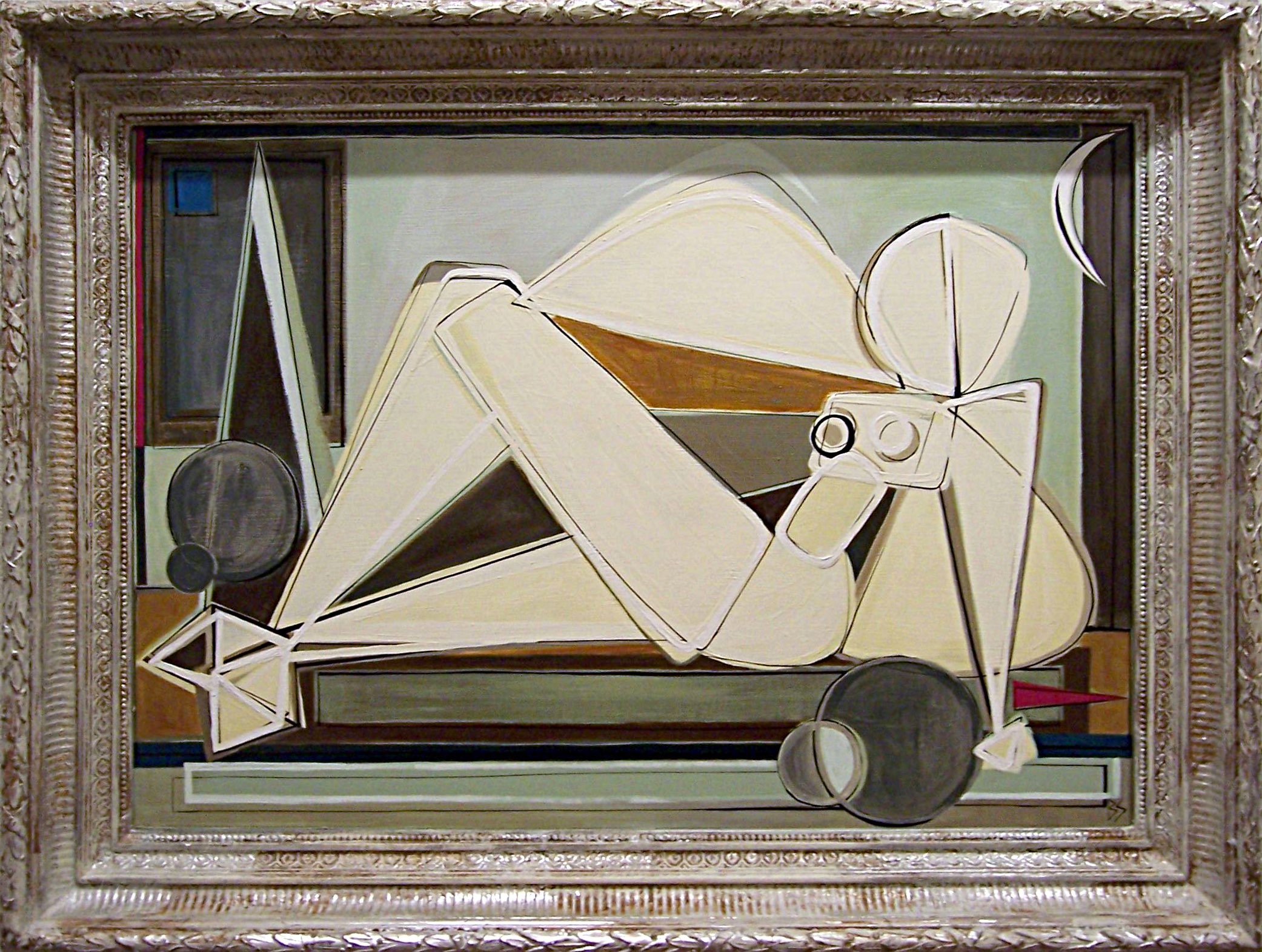 'Luna Reclining in French Garden' Oil & Acrylic on Board in Ornate Antique Silver Gilt Frame