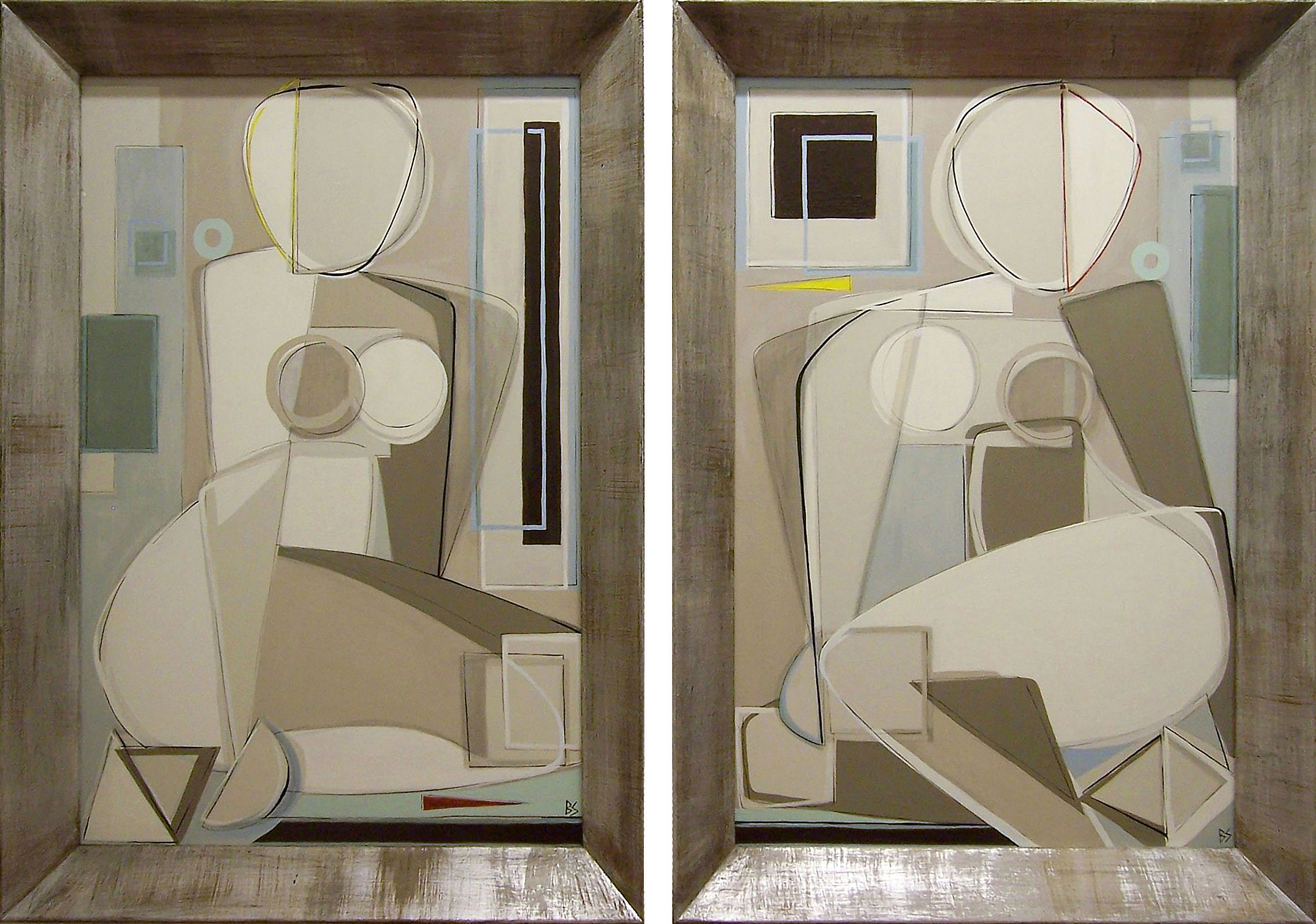 'PAIR Blonde/Redhead Nude with Jade O' Oil & Acrylic on Board in Modern Silvered Frames