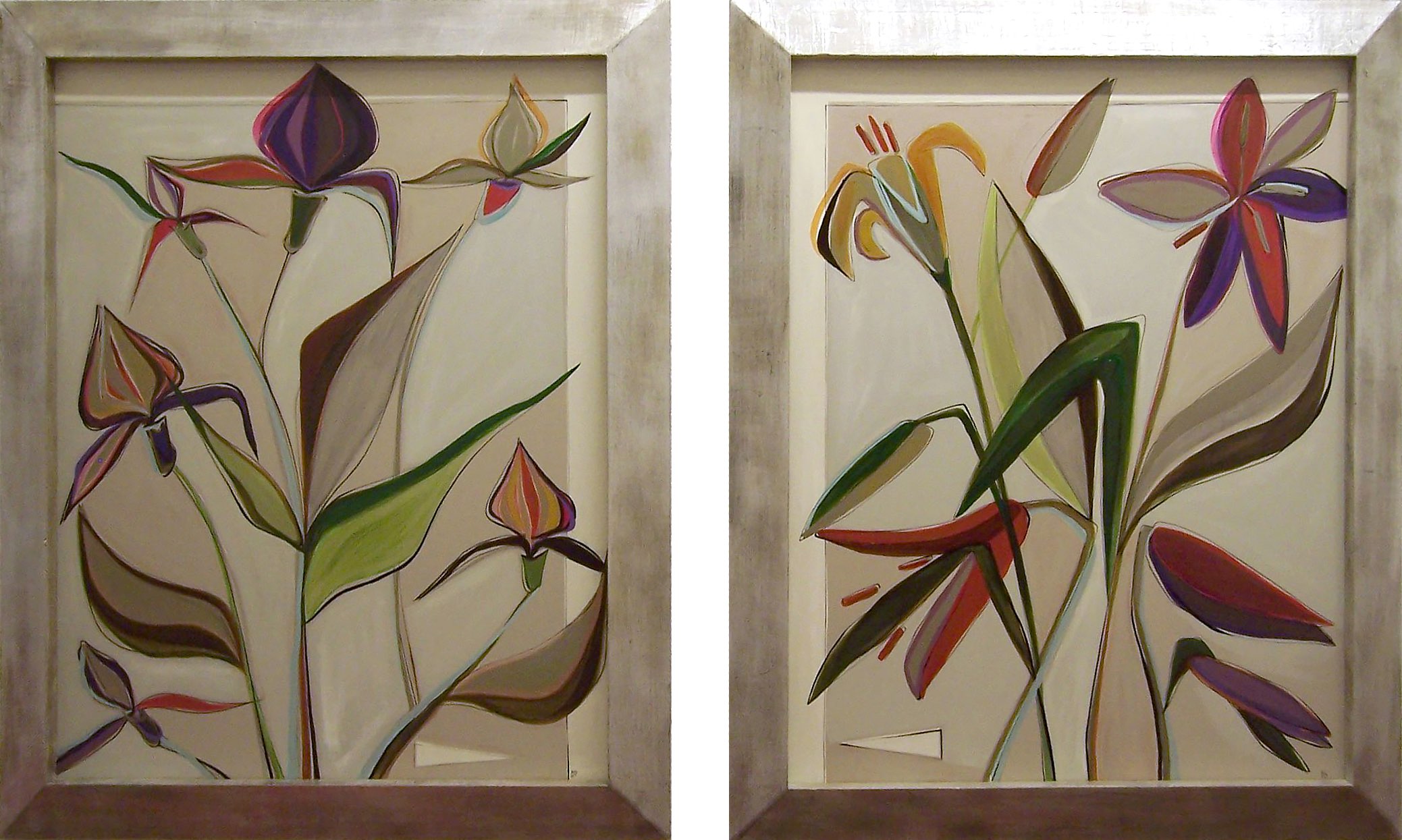 PAIR 'Orchid and Lily' Left & Right Study, Oil & Acryilic on Board in 1950s Silver Gilt Frames