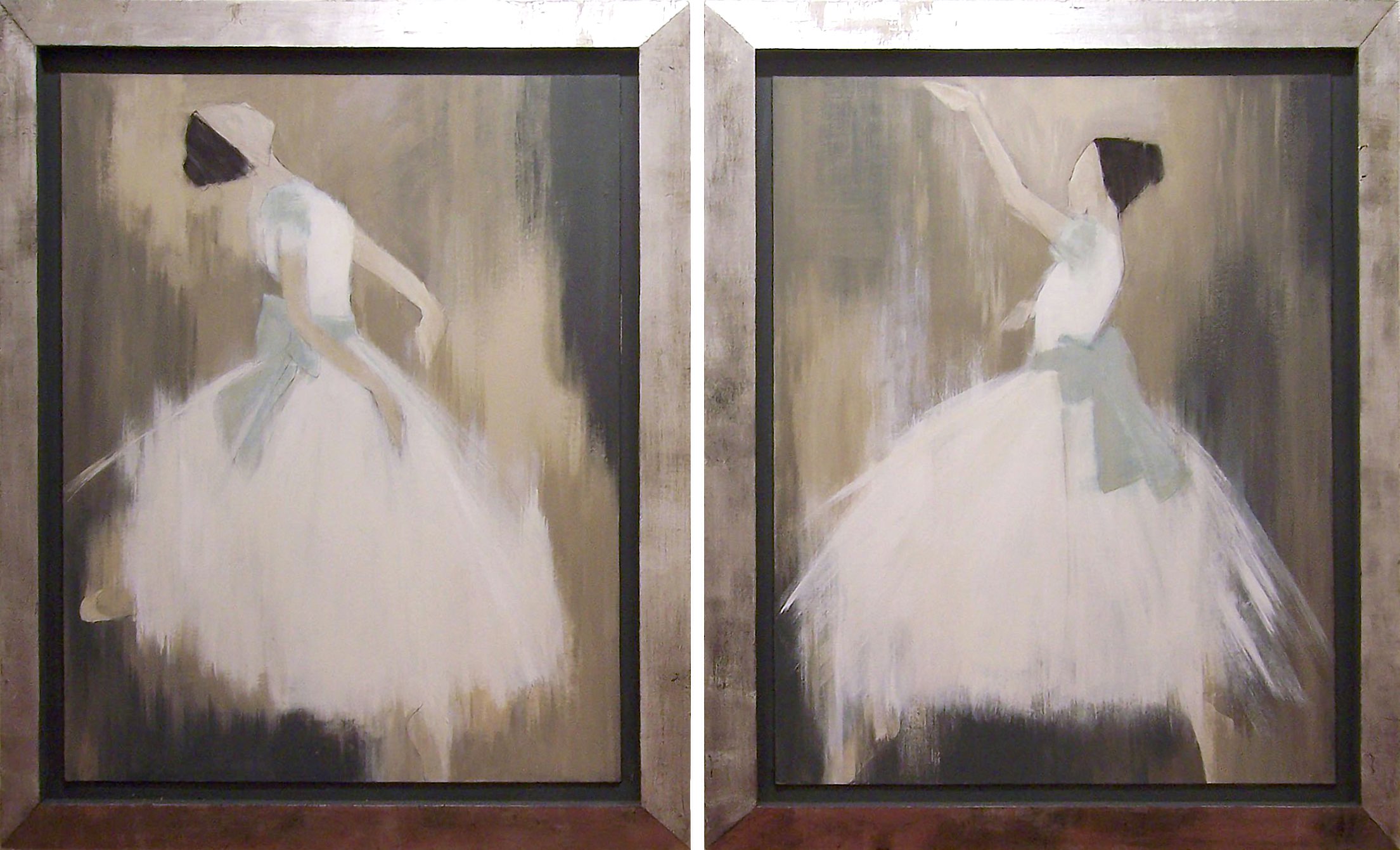 PAIR 'The Dancing Pair' Left & Right Study, Oil & Acrylic on Board in 1950s Silver Gilt Frames