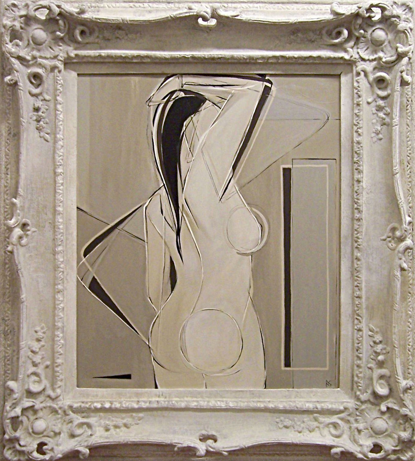 'Stretching Nude' Oil & Acrylic on Canvas in Carved Wooden Stone Effect Frame