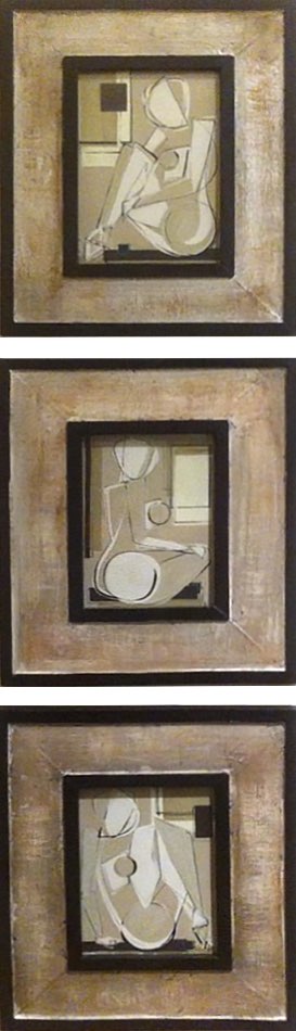 TRIPTYCH 'Posing Belles' Gouache on Board in Silver Gilt & Black Lacquer Frames