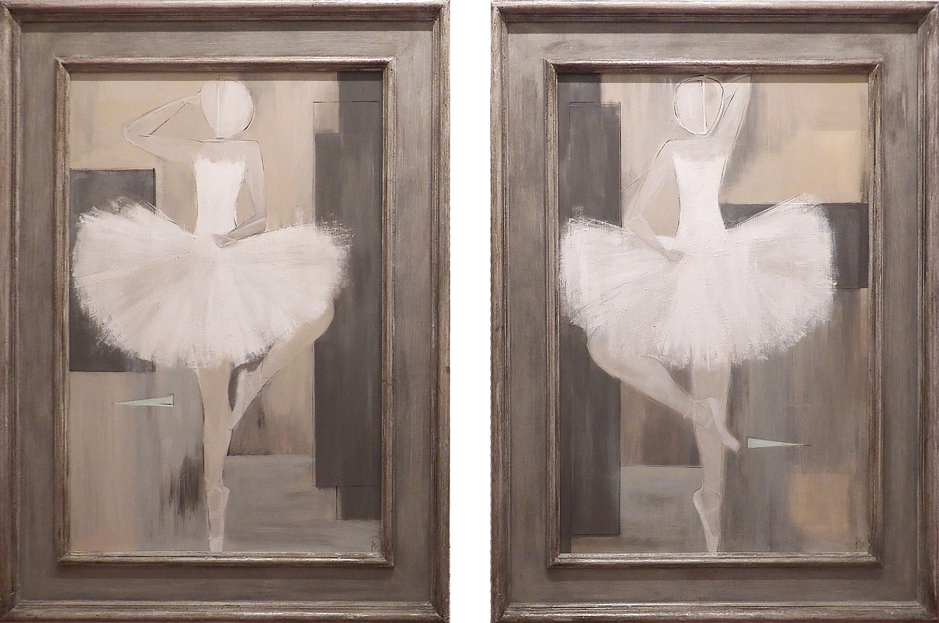 PAIR 'In tutu on Tiptoes' Oil & Acrylic on Board in Silver Wooden Frames