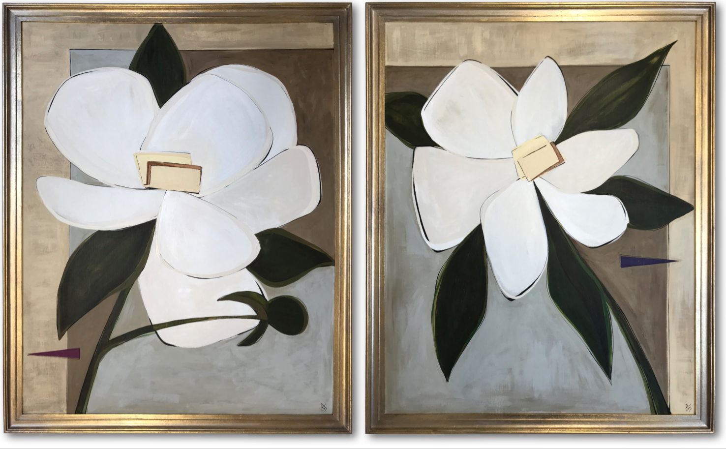 PAIR 'Magnolias' Left & Right Study, Oil & Acrylic on Board in Gold Leaf with Silver Finish Frames