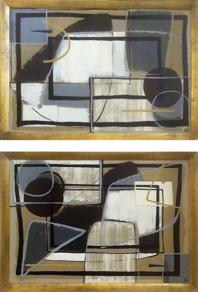 PAIR 'Acoustic Forms', Oil & Acrylic on Board in Gold Gilt Frames