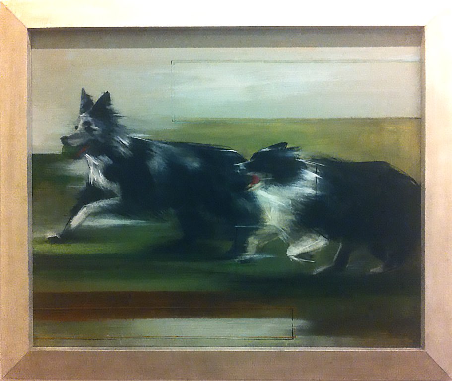 'Running Free' Oil & Acrylic on Board in 1960s Stone & Silver Frame