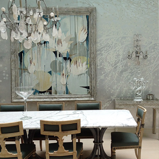 'Lily Pond' Oil & Acrylic on Board in Silver Gilded Antique Carved Wooden Frame