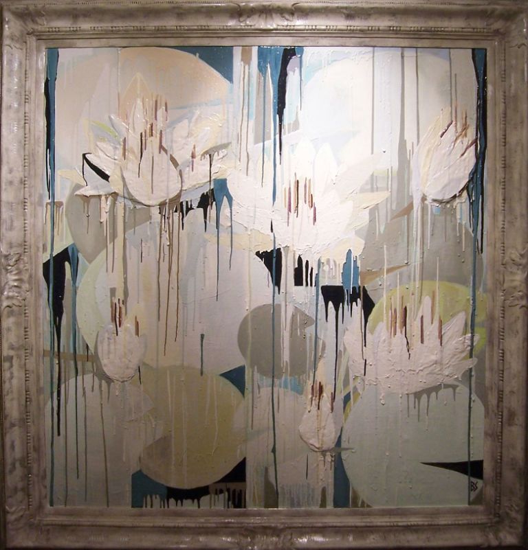 'Lily Pond' Oil & Acrylic on Board in Silver Gilded Antique Carved Wooden Frame