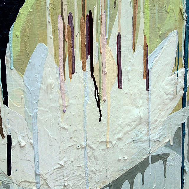 'Lily Pond' Oil & Acrylic on Board in Silver Gilded Antique Carved Wooden Frame