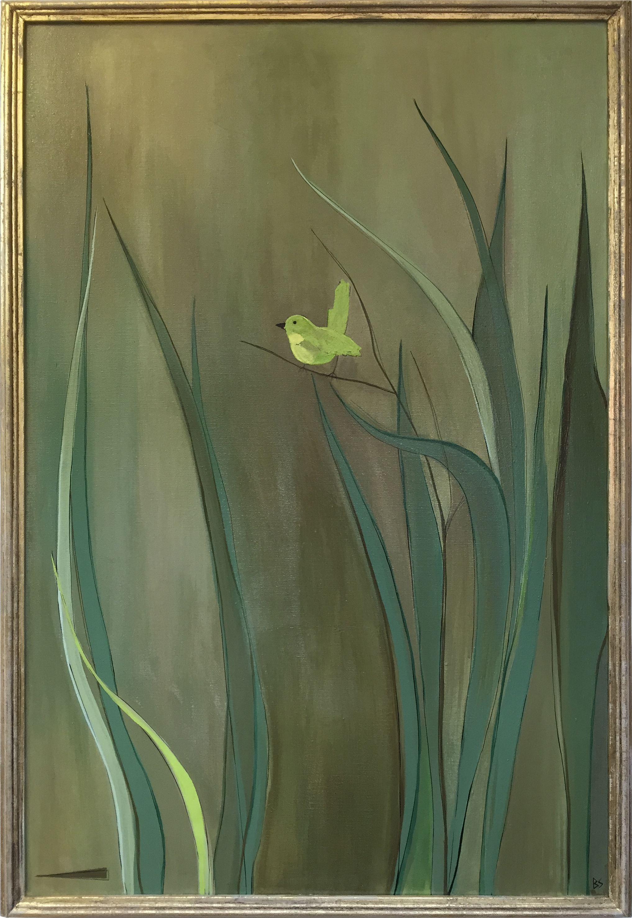 'Little Green Bird' Oil & Acrylic on Canvas in Gold Gilt Fame
