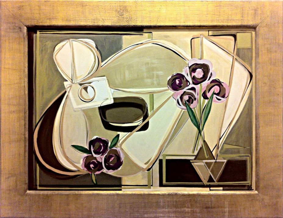 'Reclining with Peonies' Gouache on Board in Gold Gilt Frame