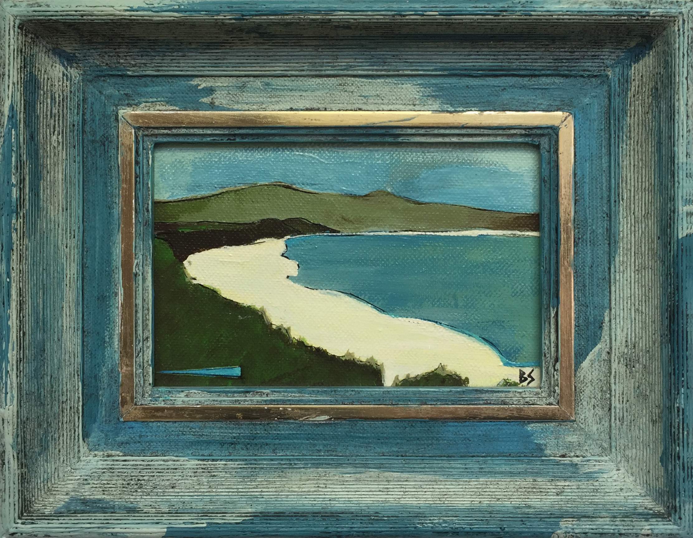 MINIATURE 'My Beach' Coll, Oil & Acrylic on Canvas in Blue Painted Box Frame
