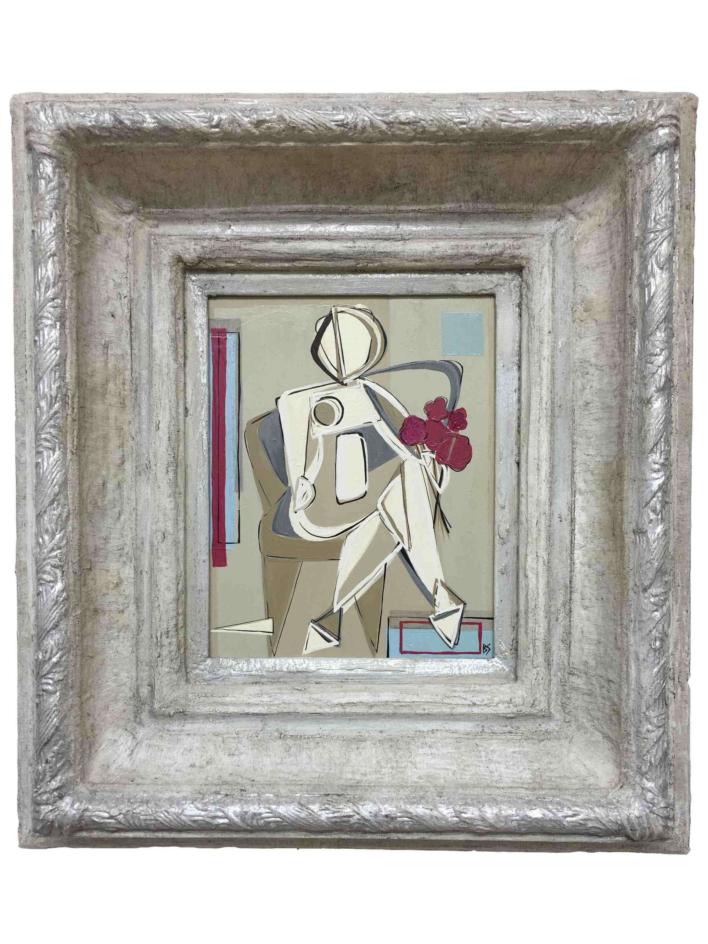 'Sitting Brunette Belle' Oil & Acrylic on Board in Cream + Silver Slip Box Frame 45cm x 50cm