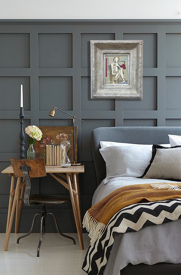 'Sitting Brunette Belle' Oil & Acrylic on Board in Cream + Silver Slip Box Frame 45cm x 50cm