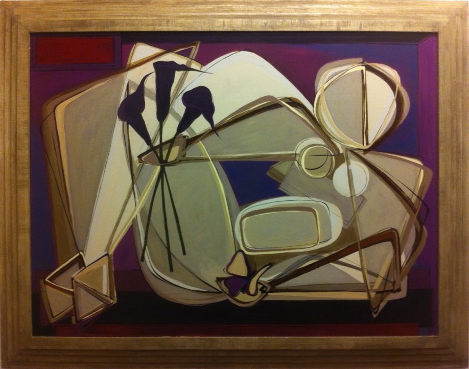 'Flora' Oil & Acrylic on Board in Art Deco Silver Gilt Frame