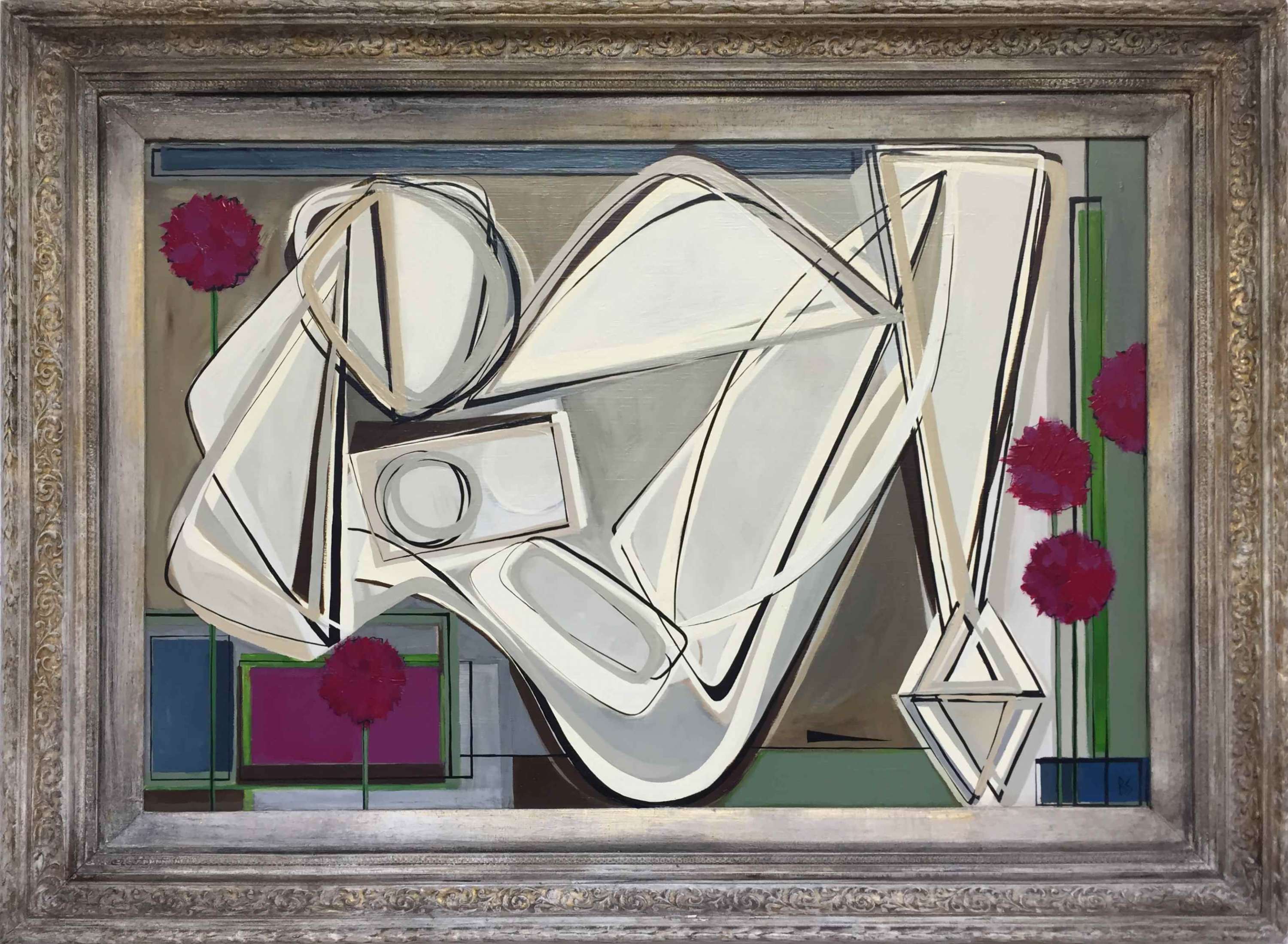 'Reclining in French Garden with Alliums' Oil & Acryilic on Board in Cream & Gold Gilt Antique Frame