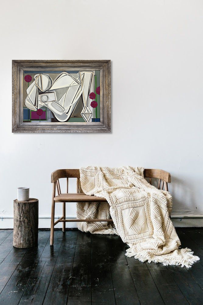 'Reclining in French Garden with Alliums' Oil & Acryilic on Board in Cream & Gold Gilt Antique Frame