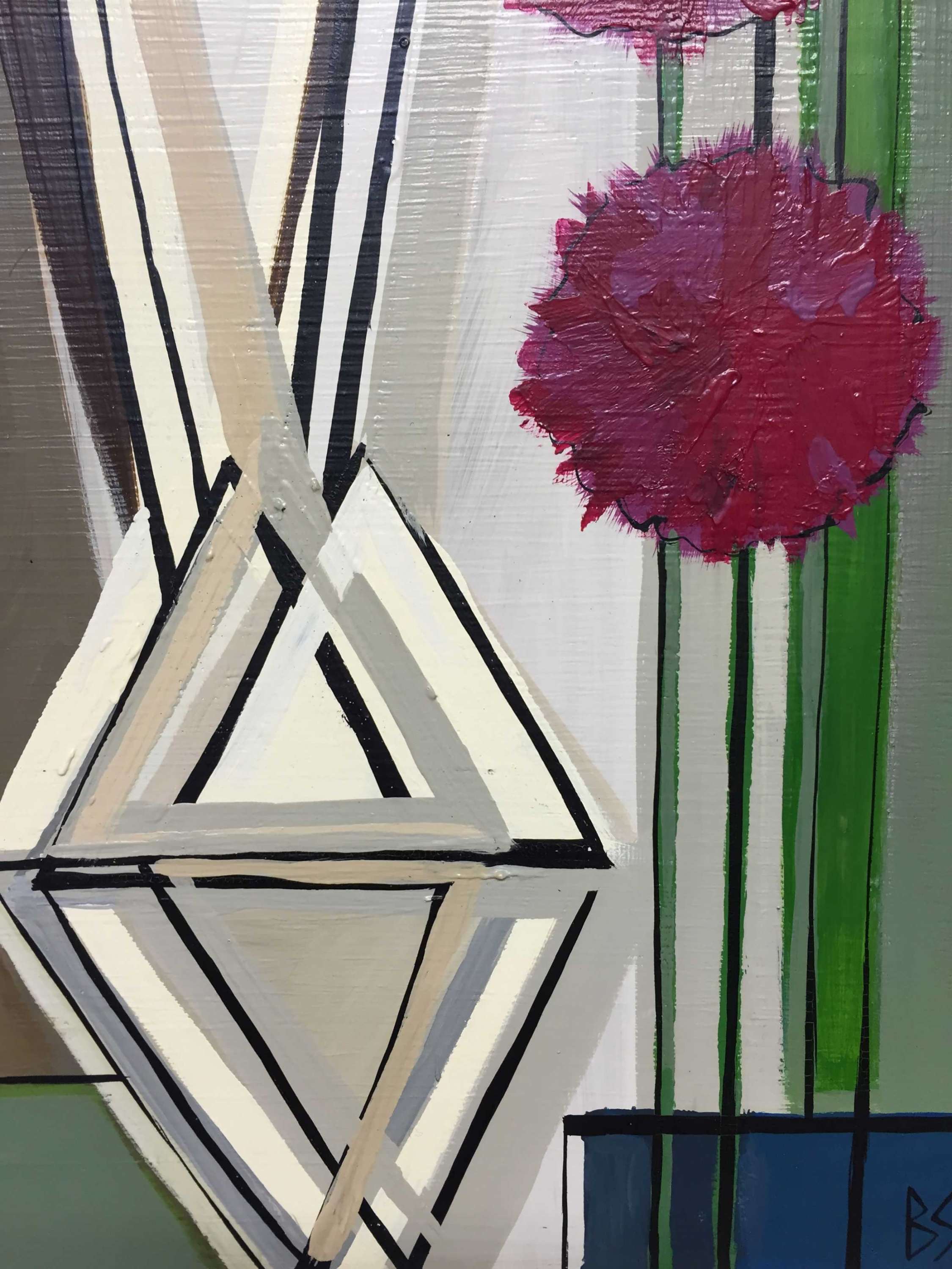 'Reclining in French Garden with Alliums' Oil & Acryilic on Board in Cream & Gold Gilt Antique Frame