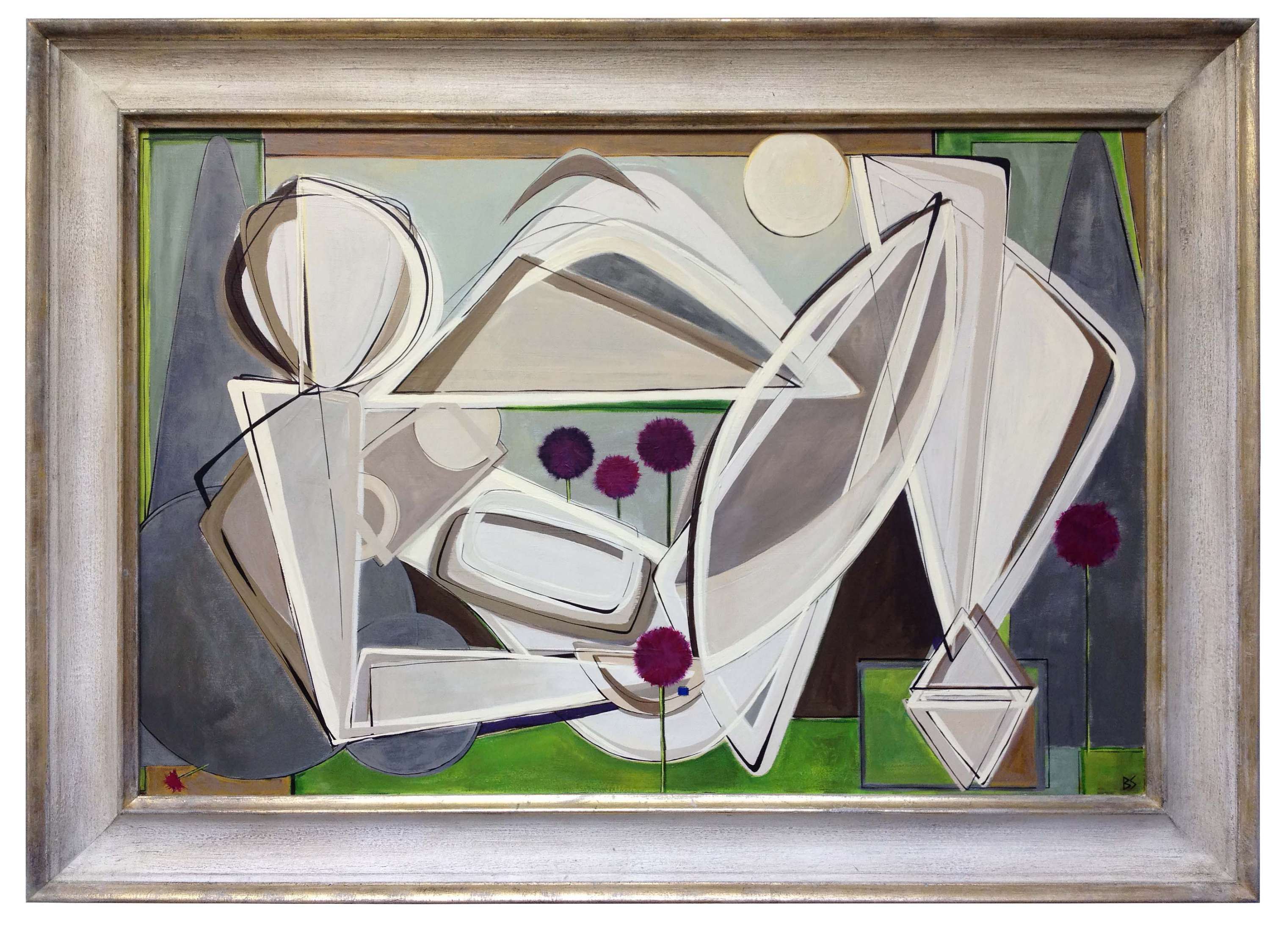 'Elizabeth Reclining in French Garden' Oil & Acrylic on Board in Cream & Gold Gilt Frame