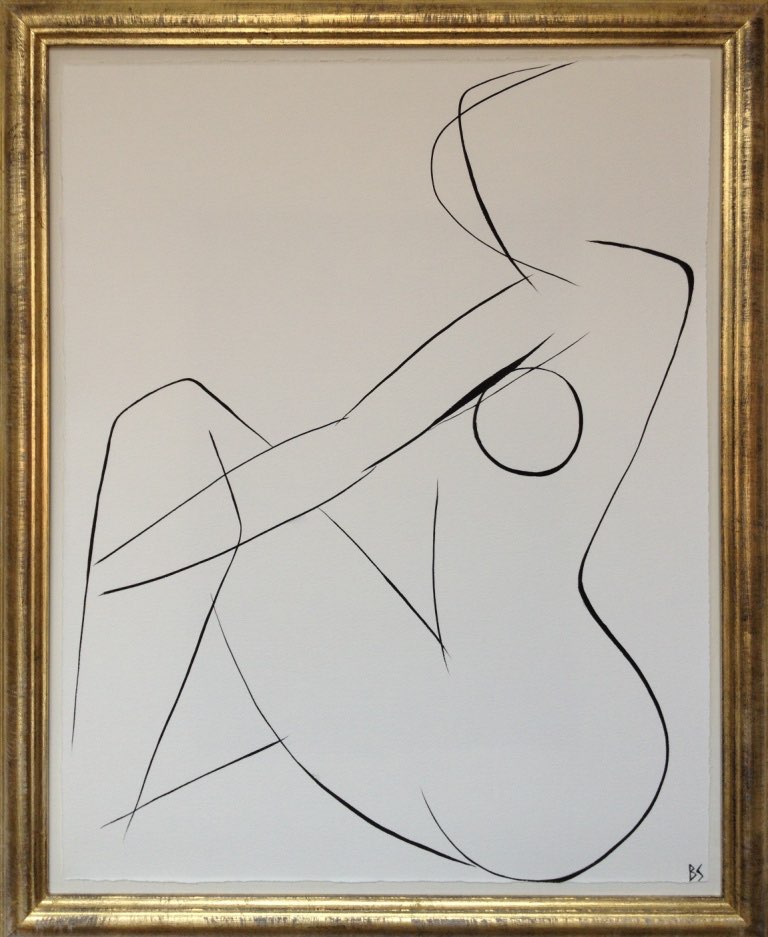 'Nude Pose' No.9 Gouache Linear on Handmade Paper in Gold Gilt Frame