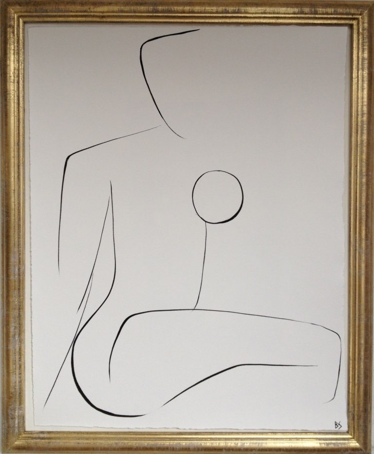 'Nude Pose' No.14 Gouache Linear on Handmade Paper in Gold Gilt Frame
