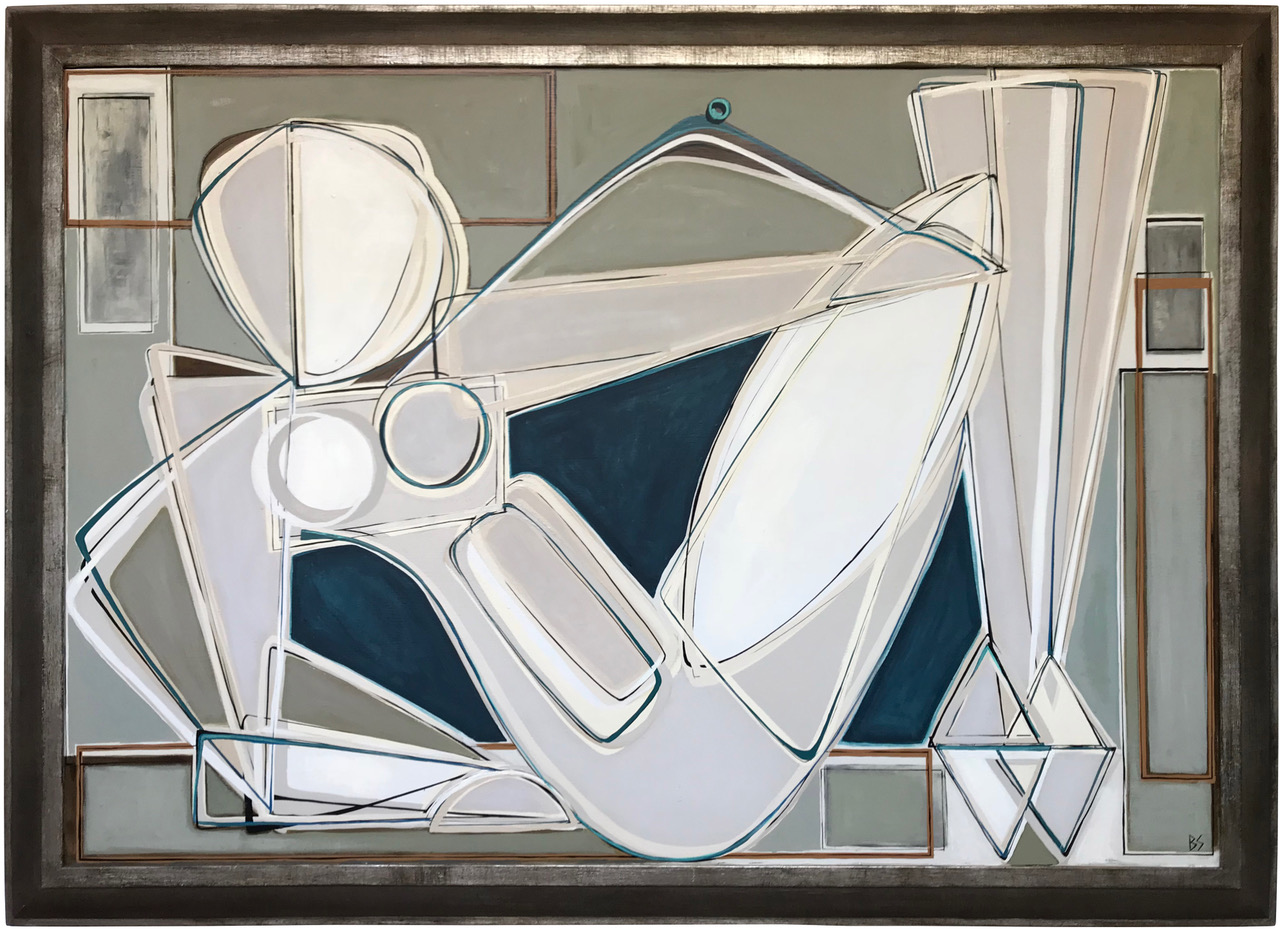 ‘Reclining Muse in Moss and Petrel Blue’ Oil & Acrylic on Board in Bronze & Silver Finish Frame