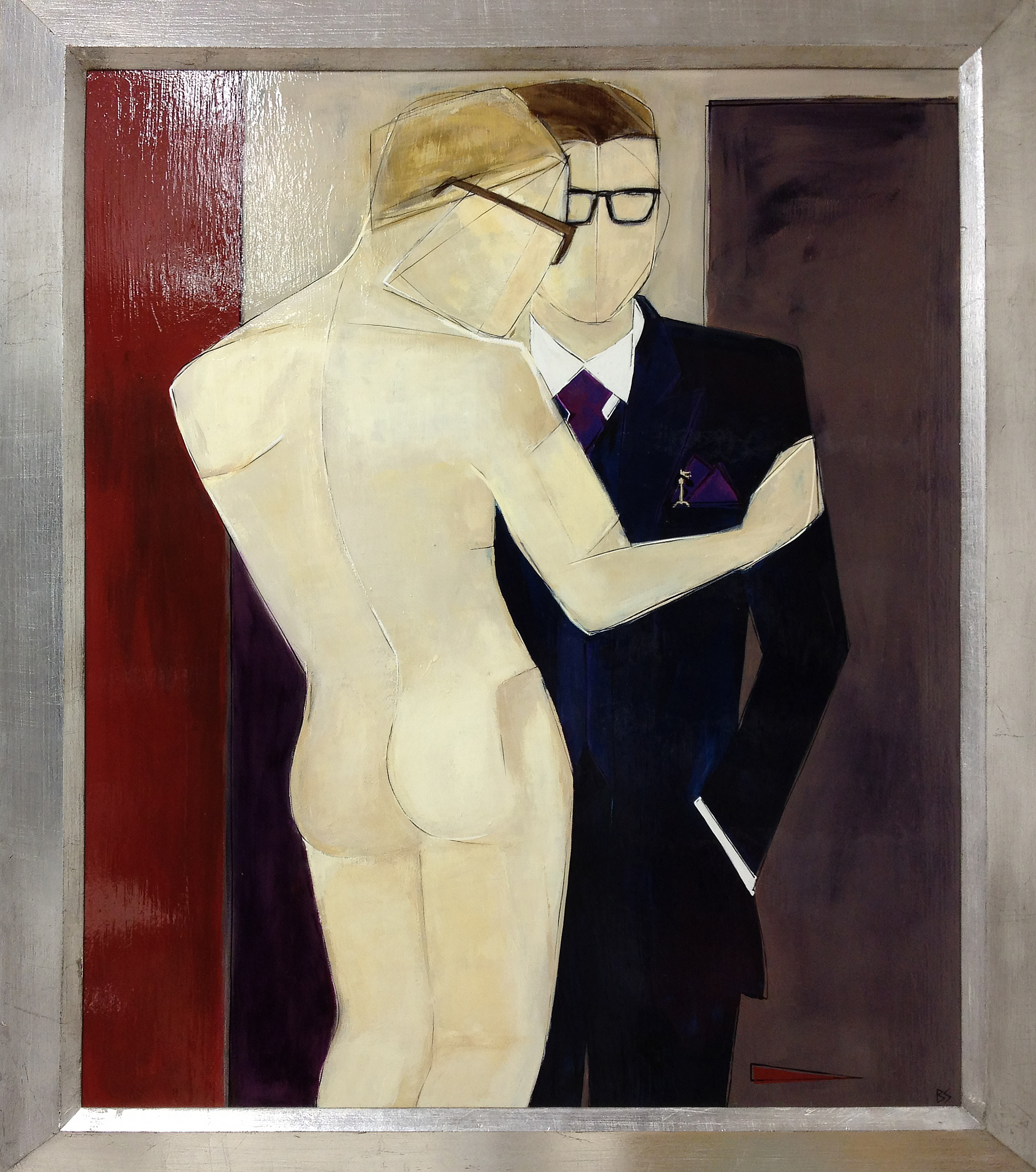 'Alex 4 Graham' Oil & Acrylic on Board in  Silver Gilt Finish Mahogany Deco Style Frame