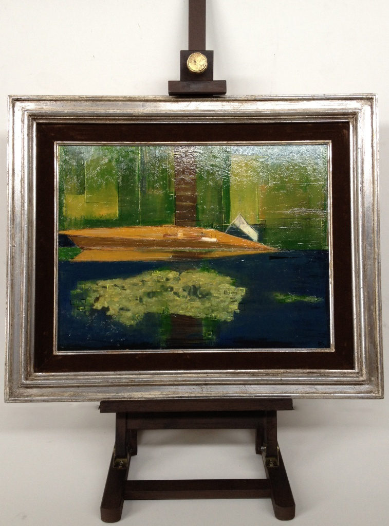 'Slipper Sunday' Oil & Acrylic on Board in Antique Silver Gilt and Brown Velvet Frame