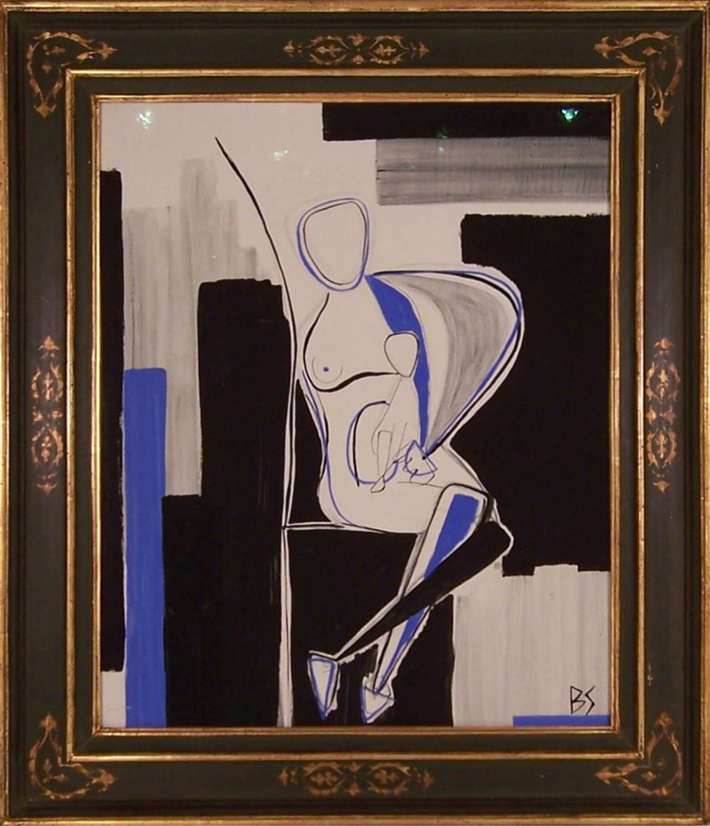 Blue & Black Mother and Child In Antique Frame