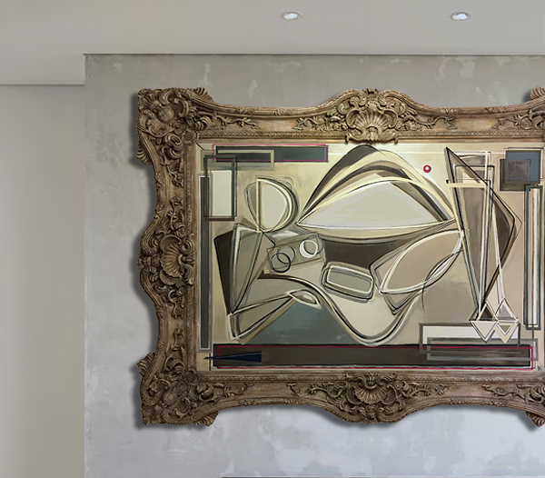 'Olympia' Oil & Acrylic on Board in Massive Ornate Gold Gilt Modern Frame