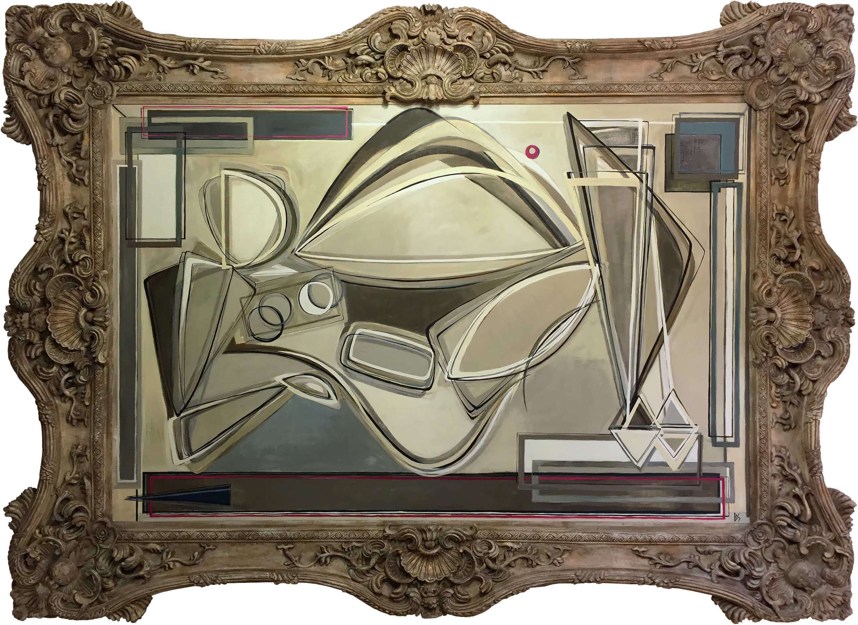 'Olympia' Oil & Acrylic on Board in Massive Ornate Gold Gilt Modern Frame