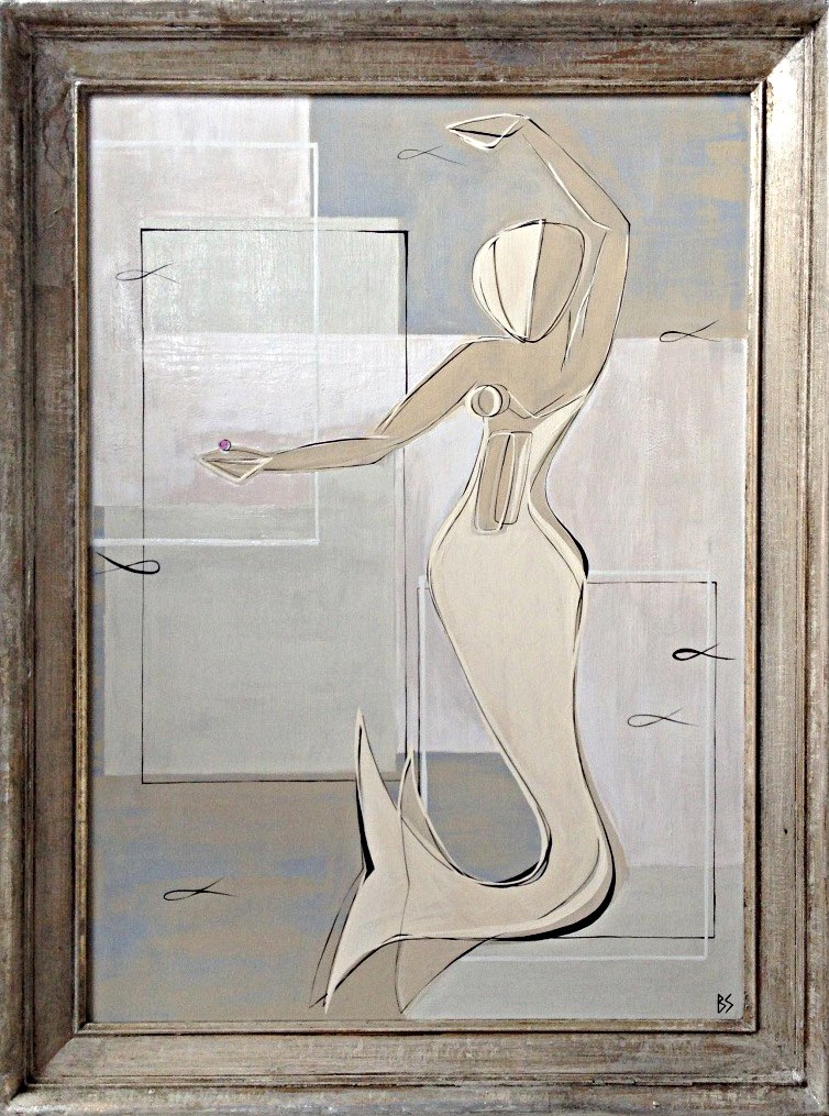 'Mermaid with Pink Pearl' in Antique Silver Gilt Frame